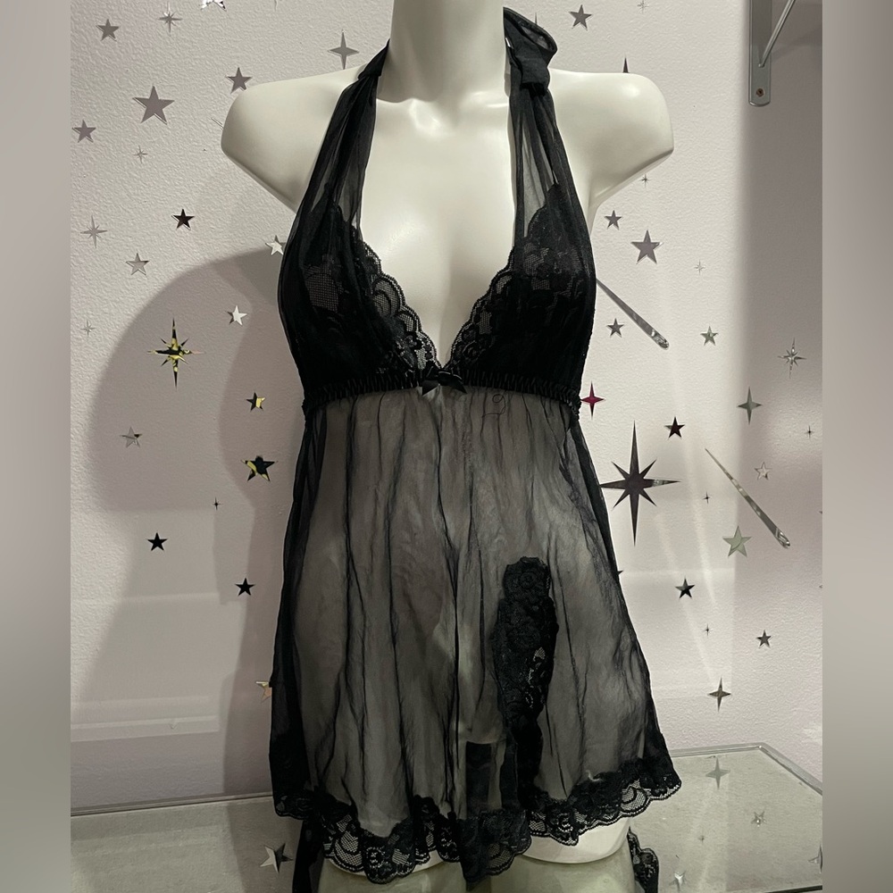 Frederick's of Hollywood Black Sheer Chemise Teddy Babydoll Lingerie